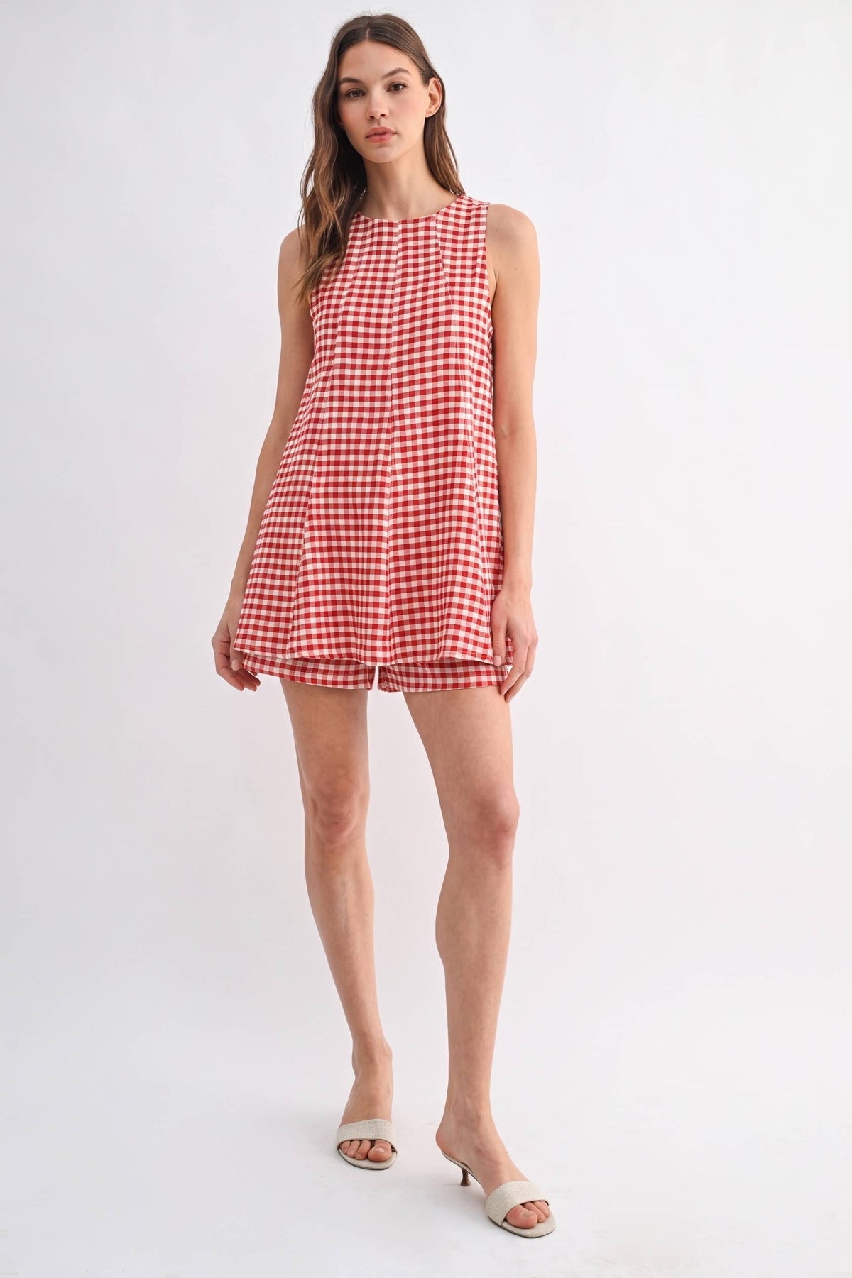 Gingham Sleeveless Romper - Brown