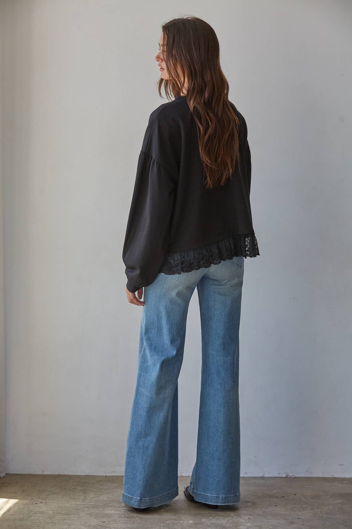 Crew Neck Long Sleeve Pullover with Lace Top - Black