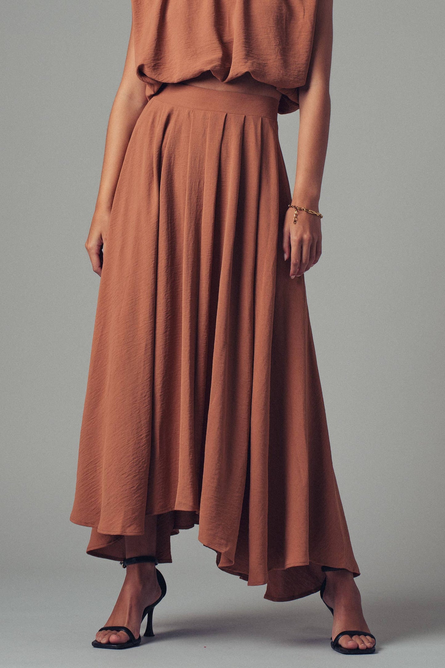 Pleated High-Waist Skirt, Camel