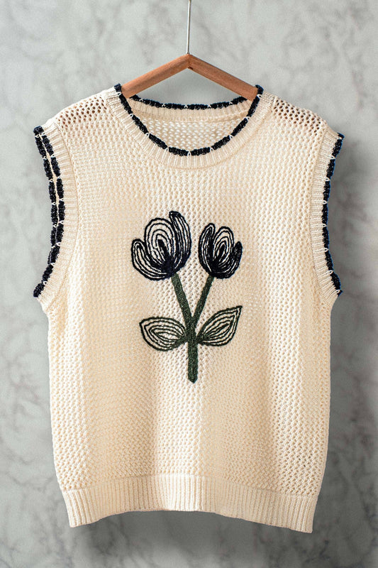 Tulip Embroidery Crochet Vest Top: Ivory