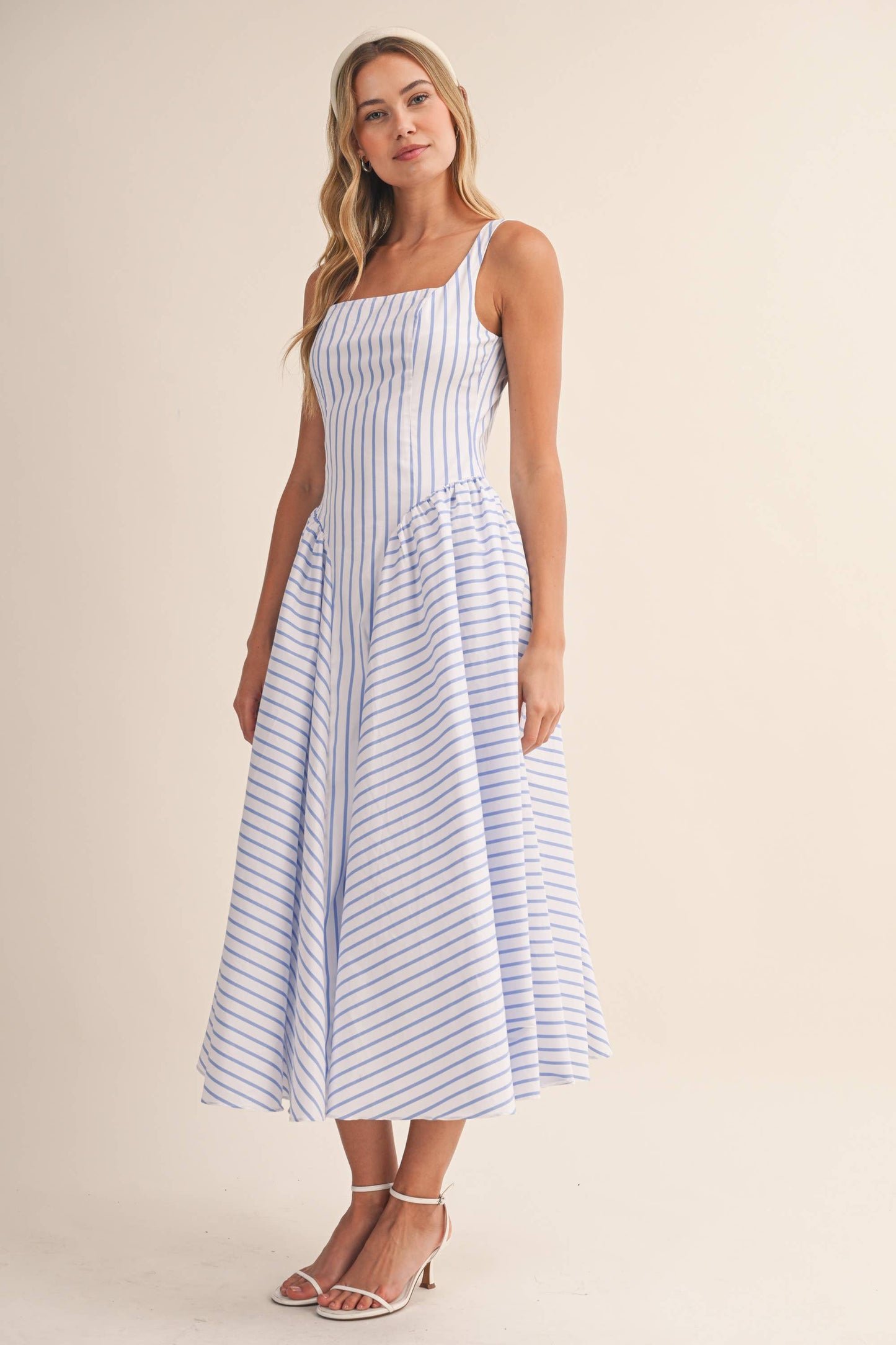 ID9896 STRIPED SLEEVELESS SIDE GATHERED FLARED MIDI DRESS: Blue / M