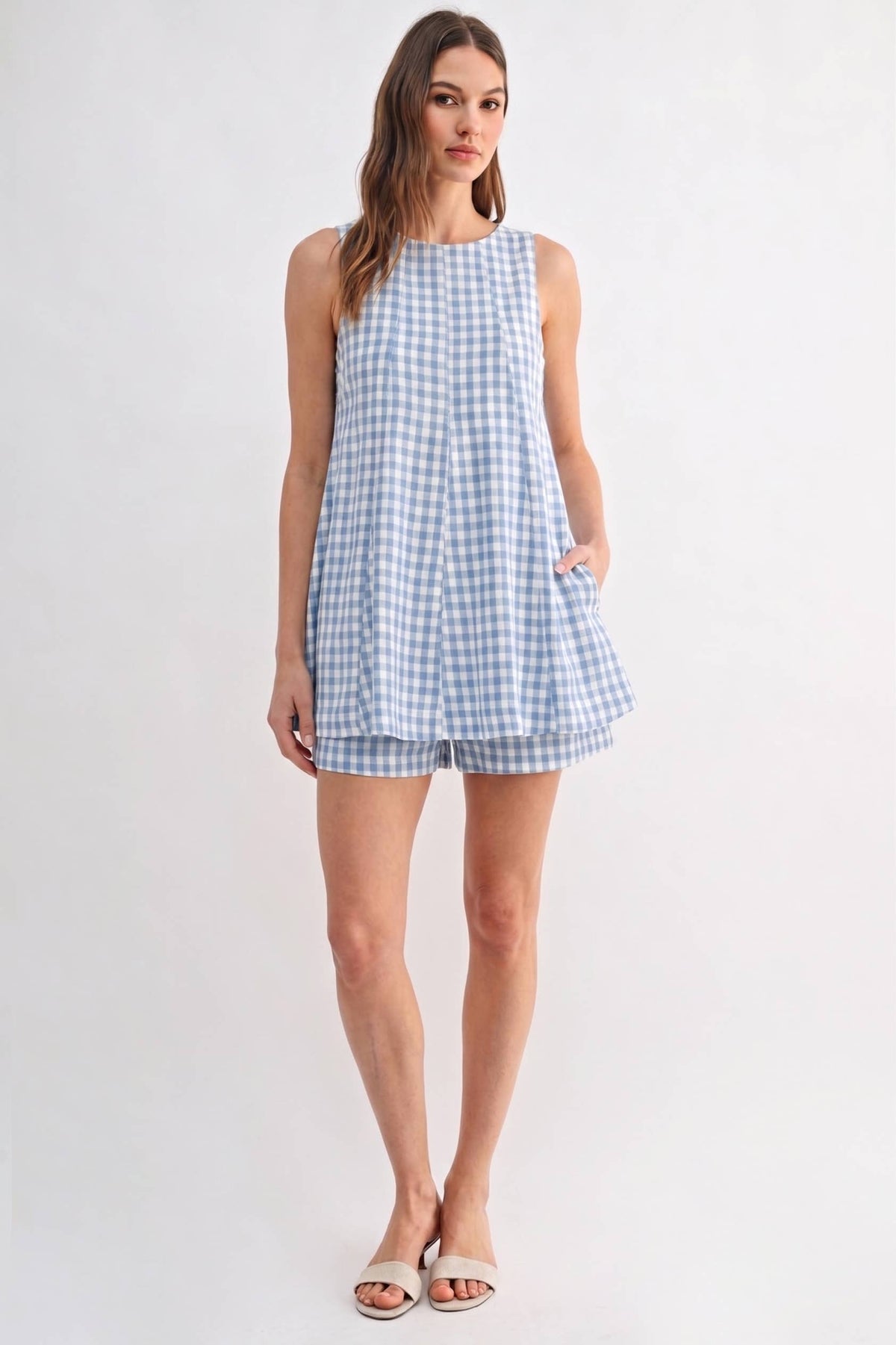 Gingham Sleeveless Romper - Brown