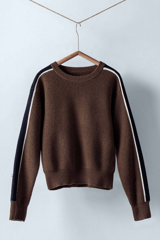 Contrast Stripe Ribbed Sweater: Brown / S-2/M-2/L-2