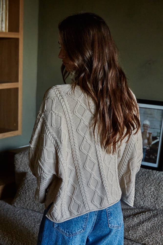 Knit Cable Sweater, 3/4 Sleeve, Natural