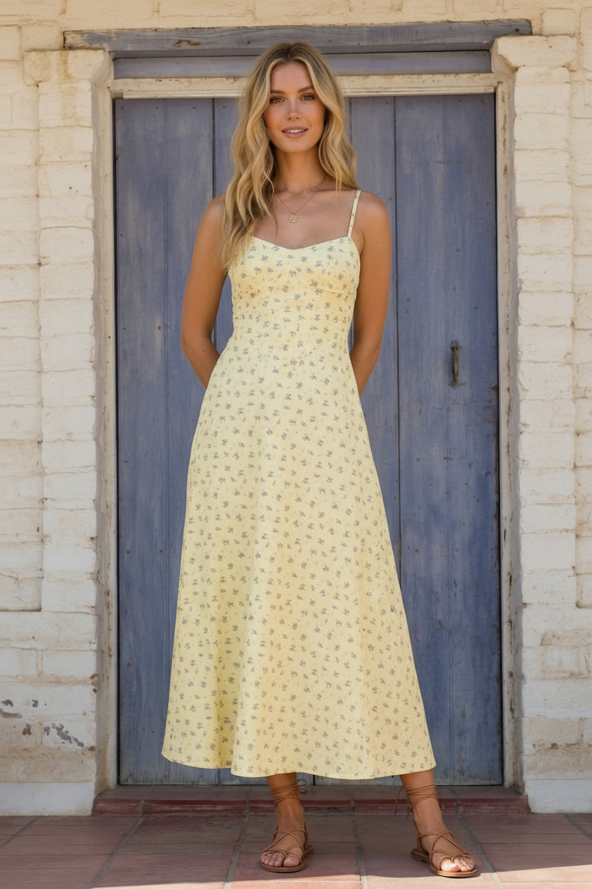 FLORAL A LINE MIDI DRESS, BUTTER