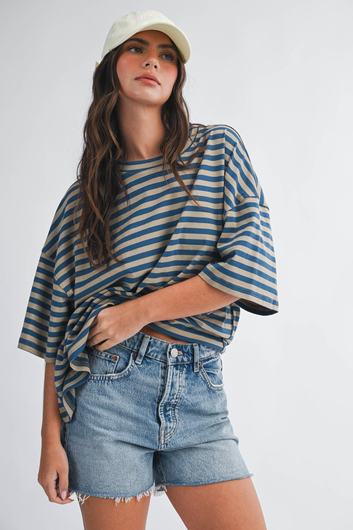 Oversized Stripe Boyfriend Tee - Tan and Blue