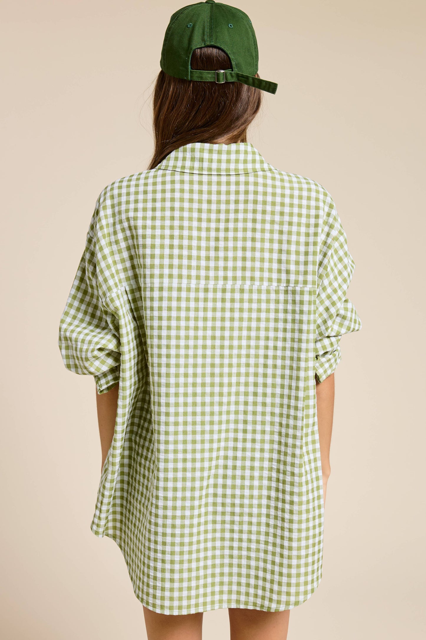Oversized Gingham Button Down Shirt: Leaf green