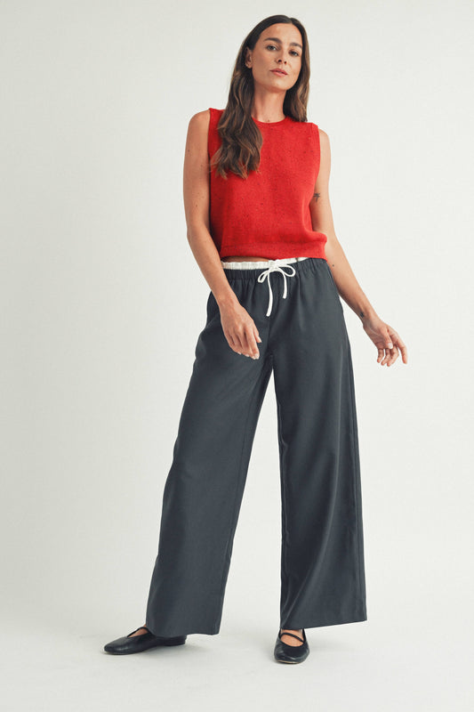 Contrast Wide Leg Pants, Navy