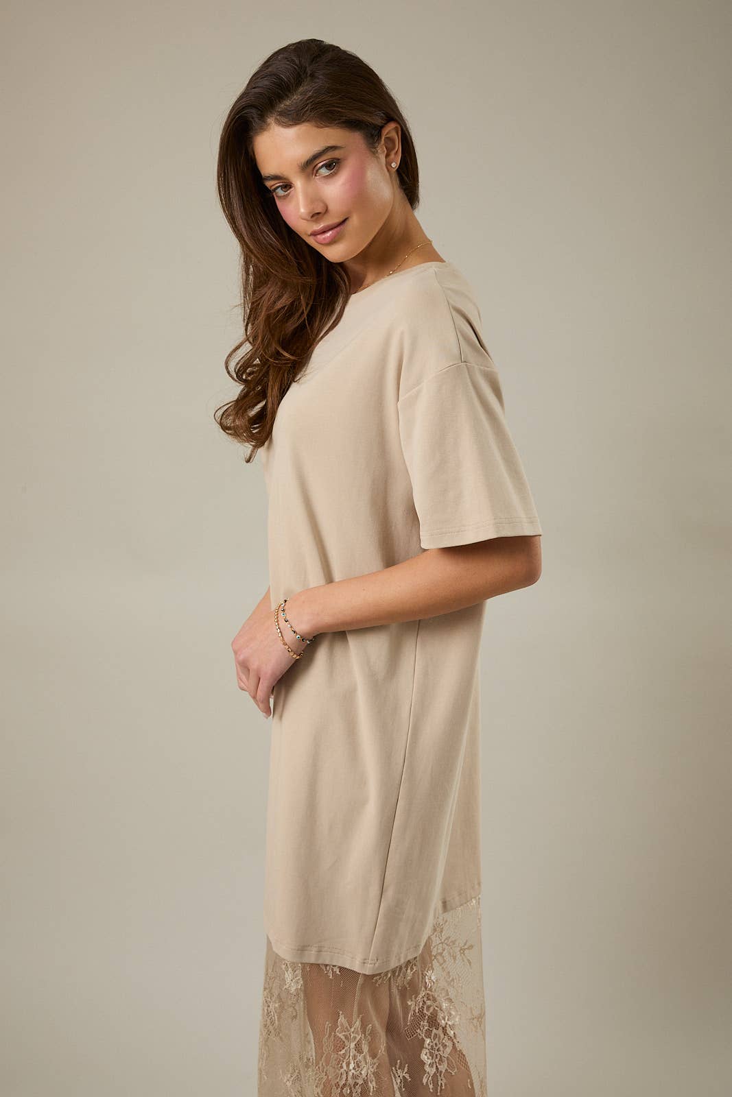 Round Neck Lace T-Shirt Maxi Dress, Taupe