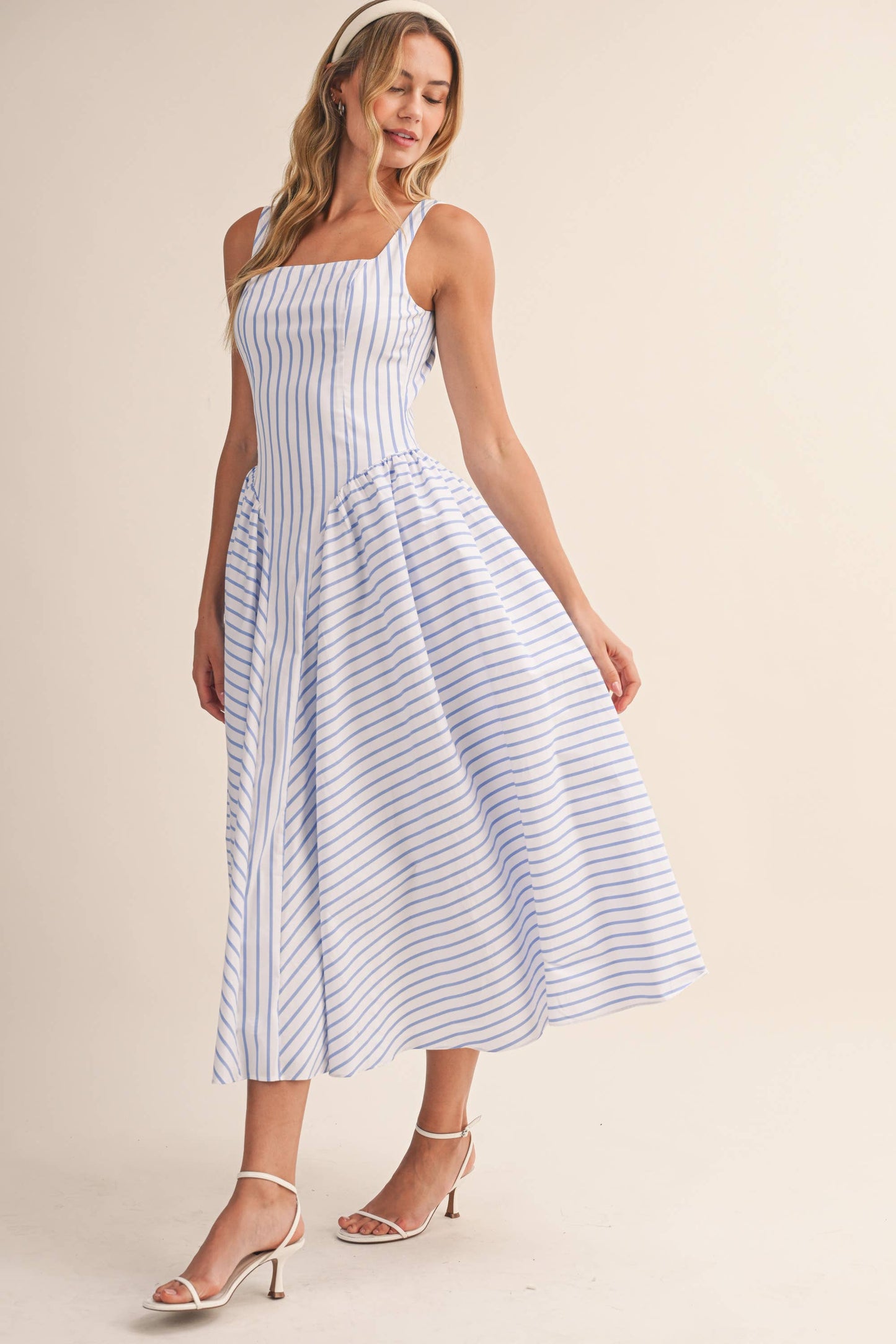 ID9896 STRIPED SLEEVELESS SIDE GATHERED FLARED MIDI DRESS: Blue / L