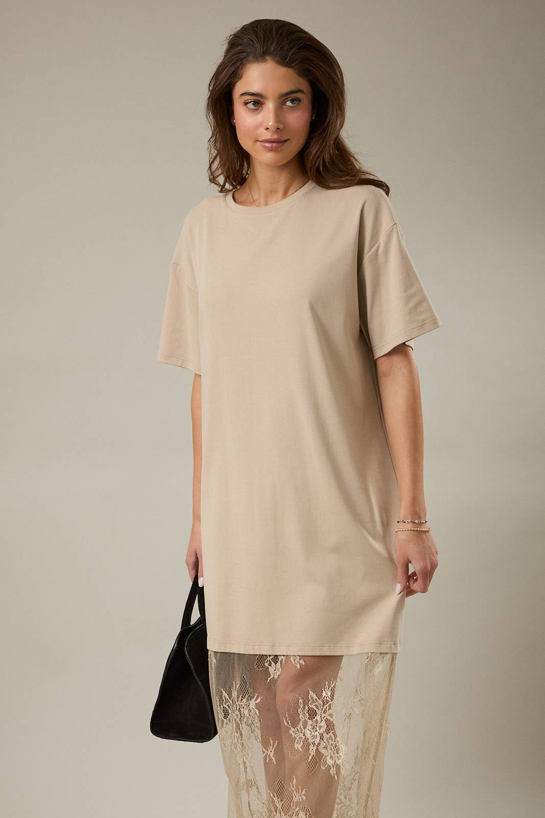 Round Neck Lace T-Shirt Maxi Dress, Taupe