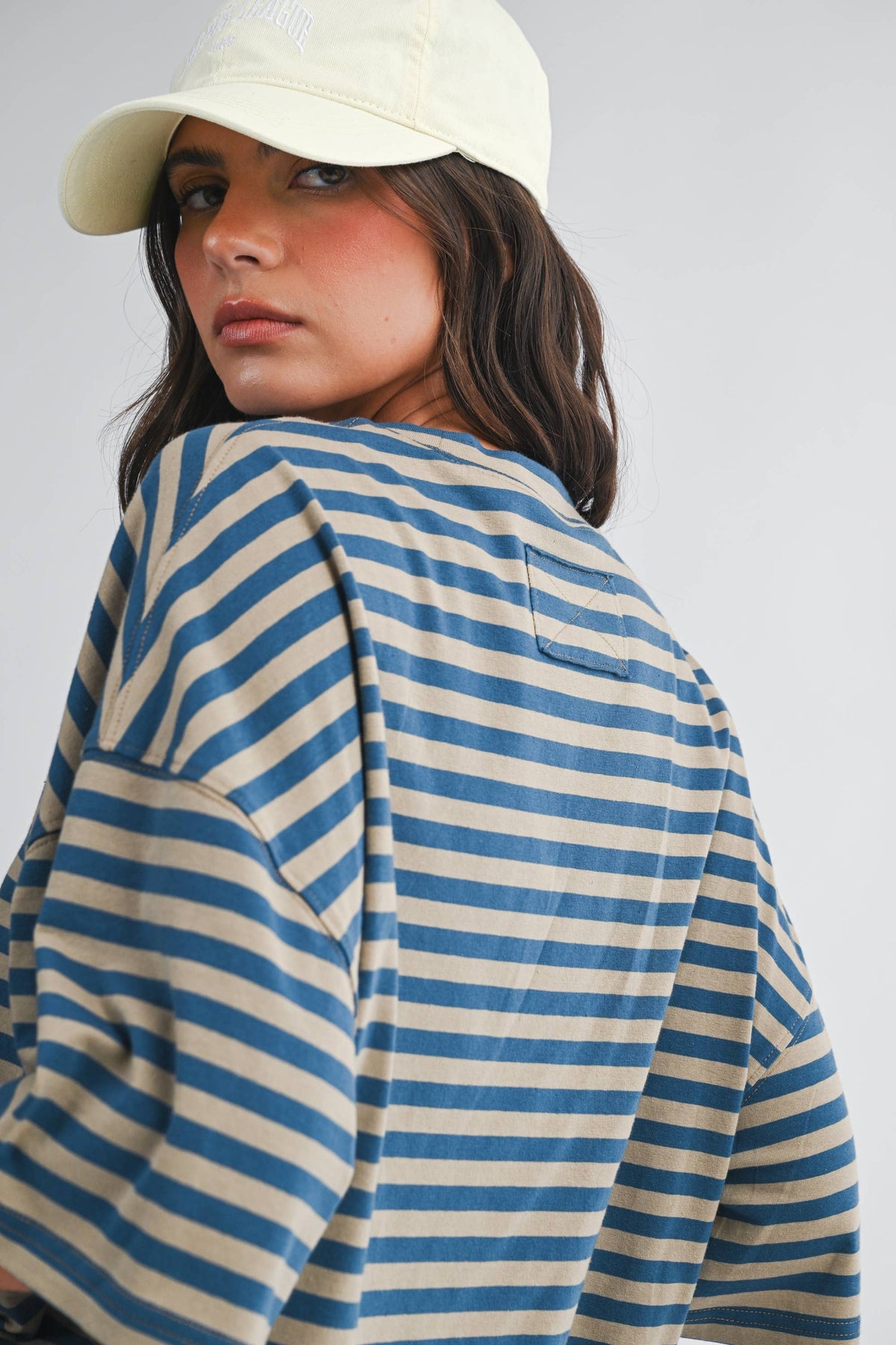 Oversized Stripe Boyfriend Tee - Tan and Blue