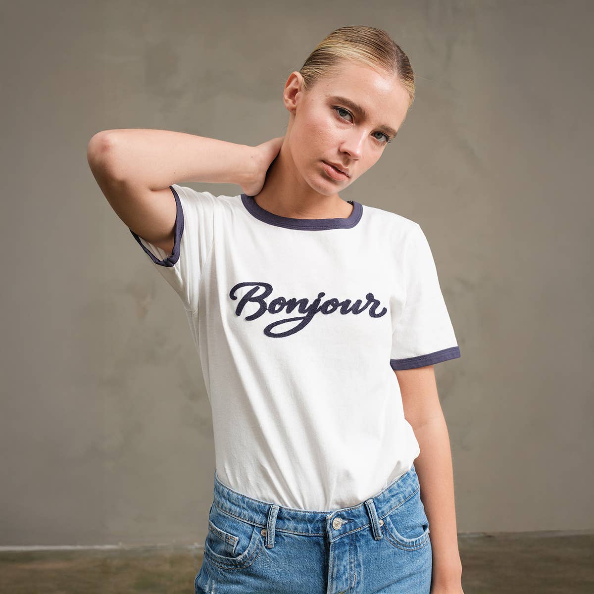 Bonjour Contrast Ringer Tee - RTK1036: WHITE/NAVY / S-M-L (3-2-1)