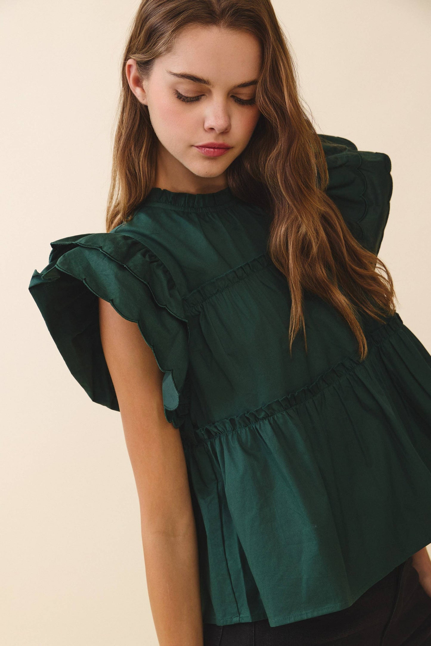 Ruffle Sleeve, Tiered Poplin Top: HUNTER GREEN