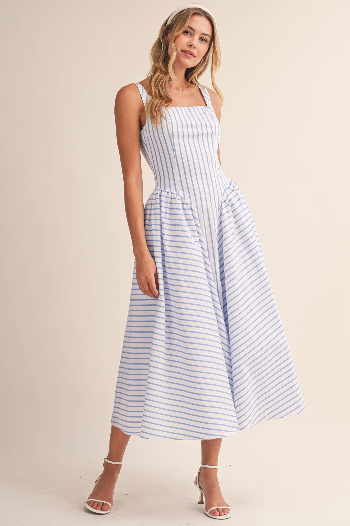 ID9896 STRIPED SLEEVELESS SIDE GATHERED FLARED MIDI DRESS: Blue / L