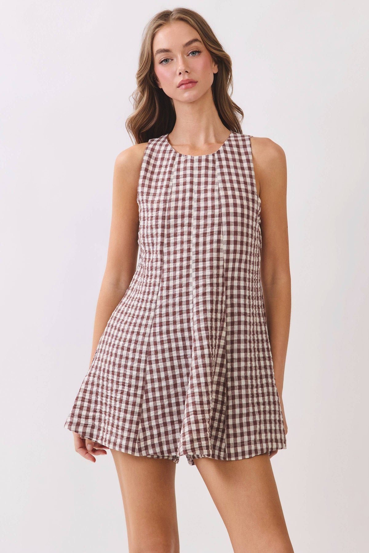 Gingham Sleeveless Romper - Brown
