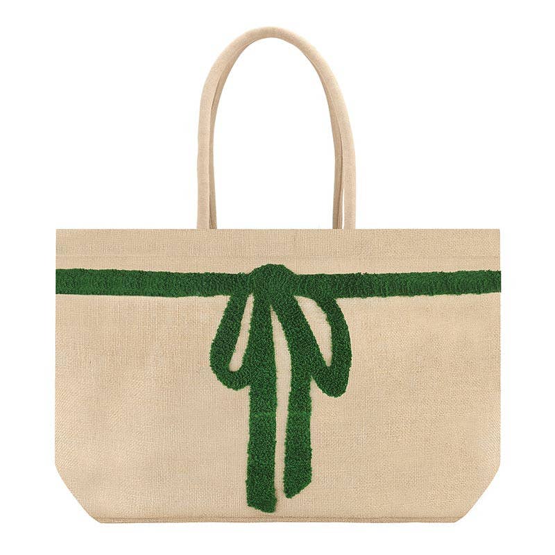 Luxe Burlap Tote - Green Bow