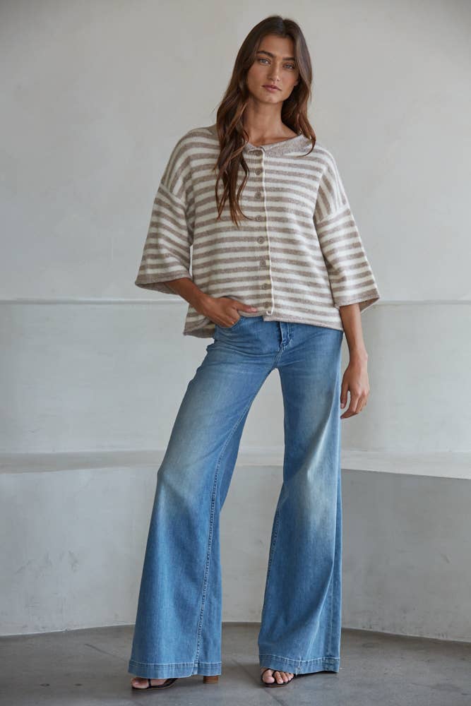 Knit Sweater Striped Quarter Sleeve Cardigan, Taupe and Cream