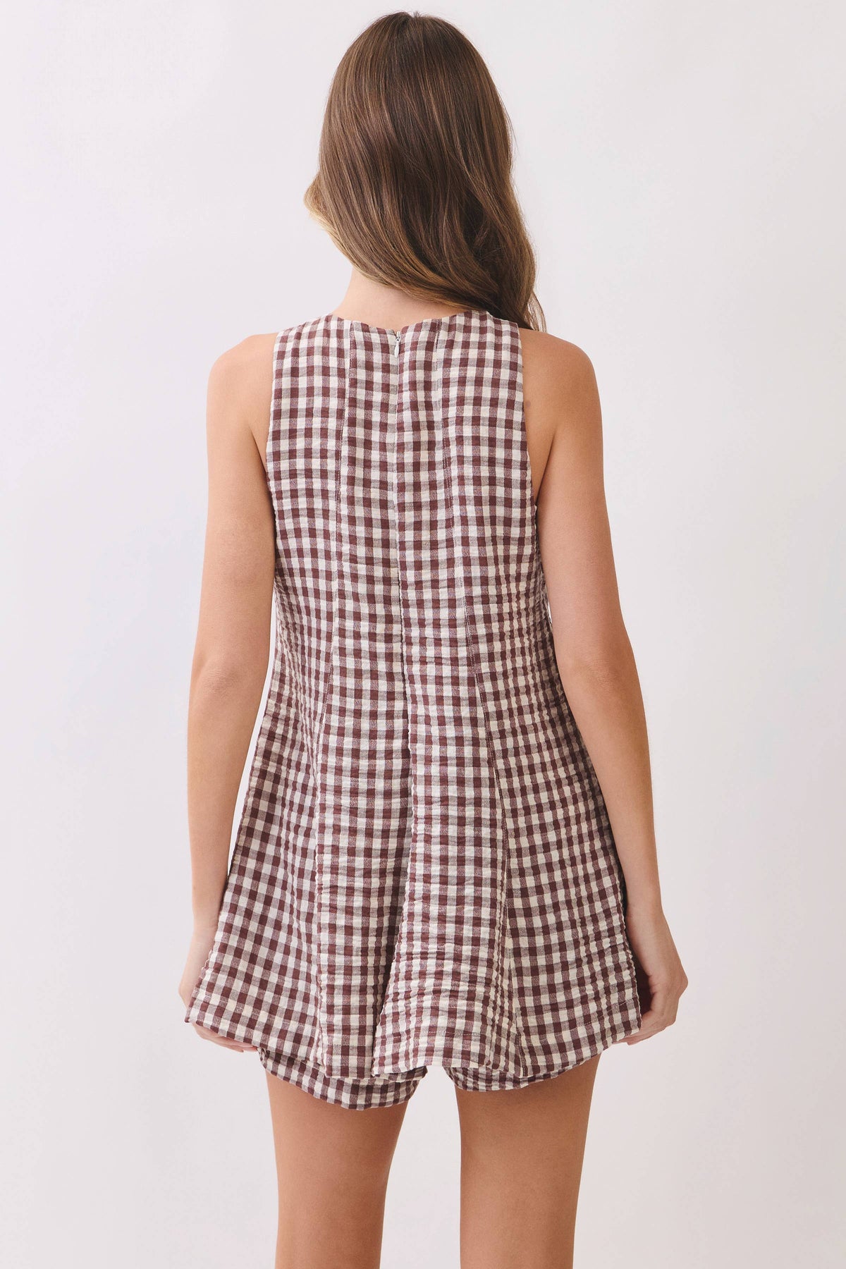 Gingham Sleeveless Romper - Brown