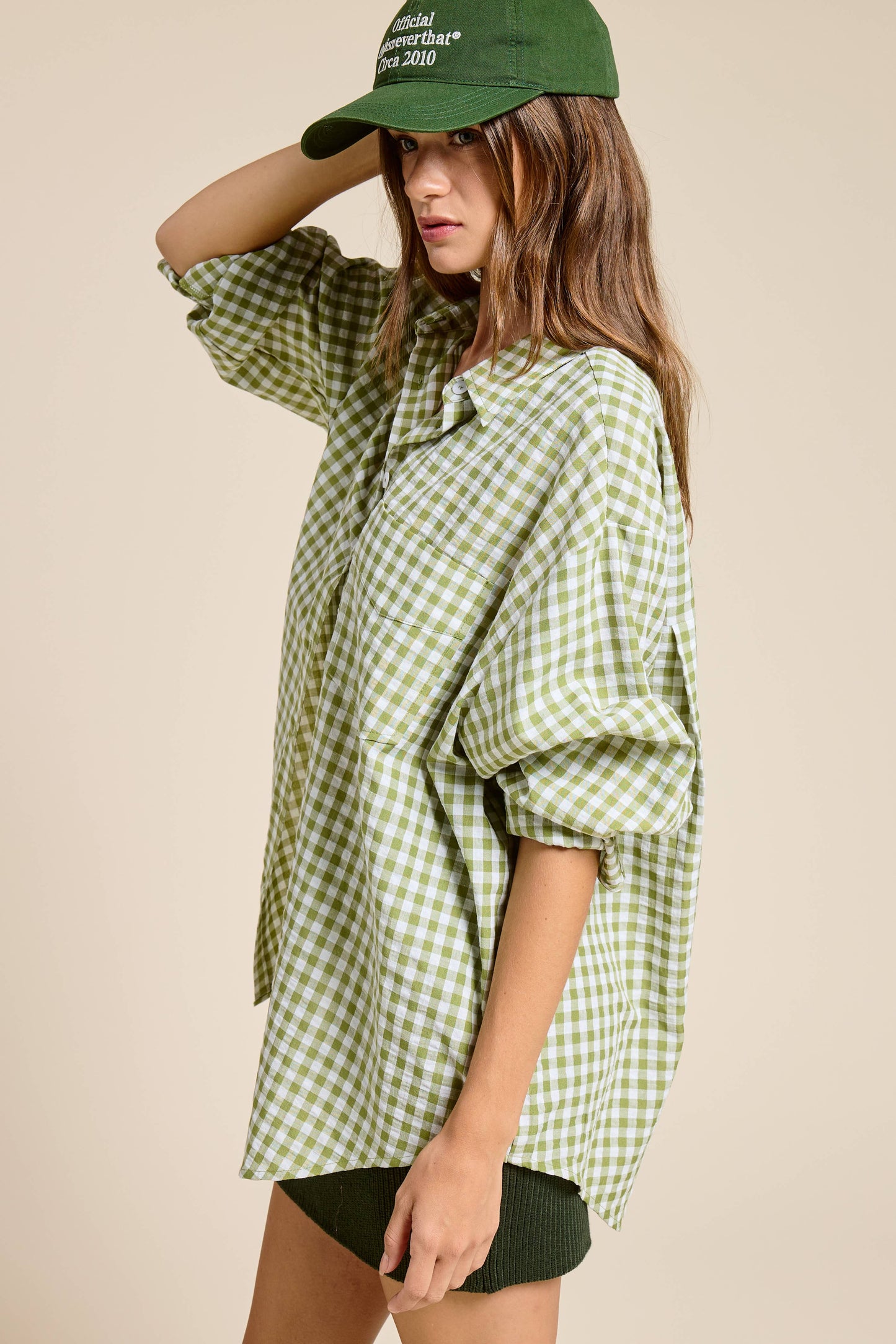 Oversized Gingham Button Down Shirt: Leaf green