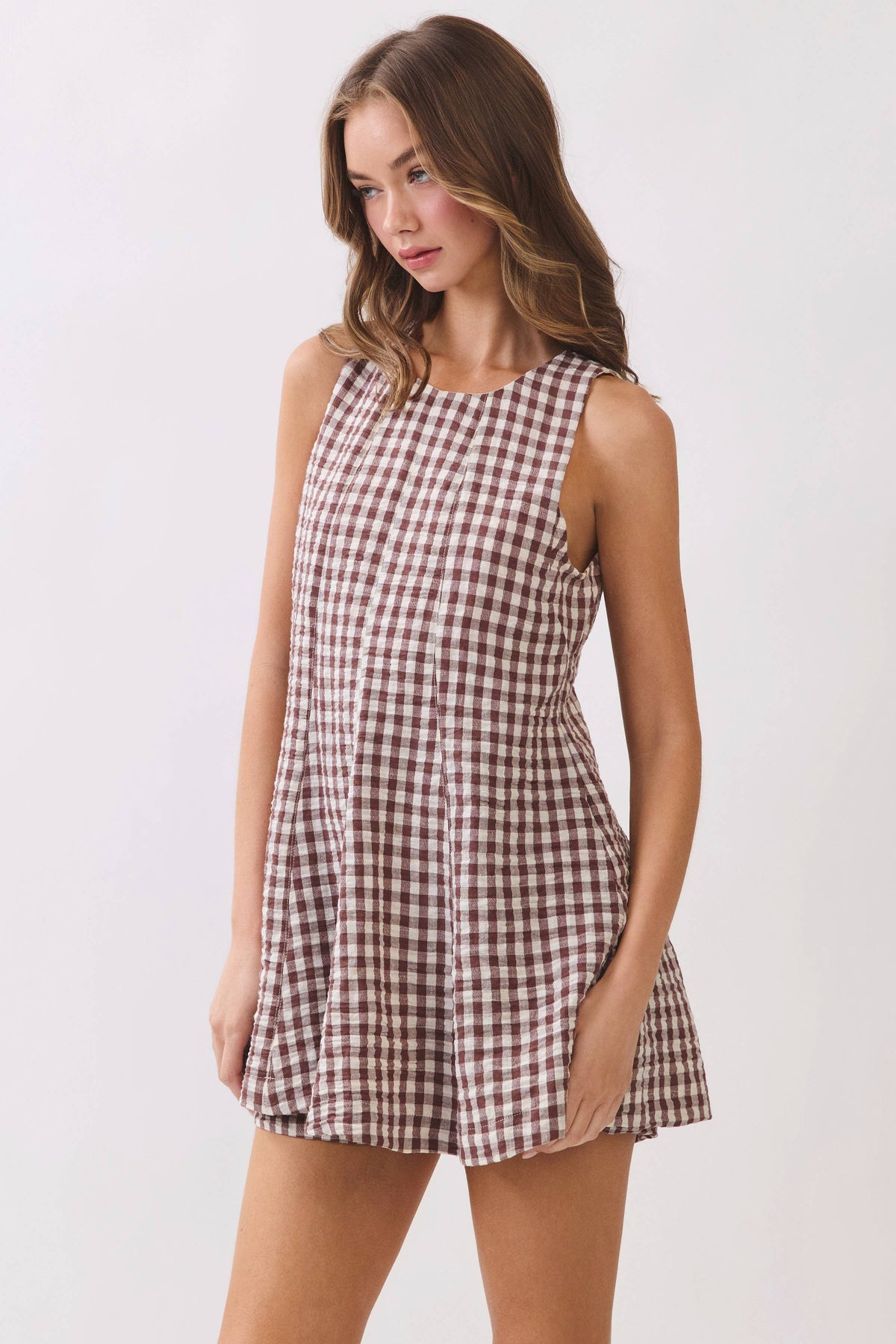 Gingham Sleeveless Romper - Brown