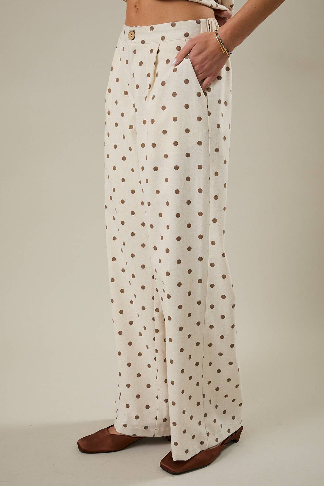 Hight Waist Straight Pant, Oatmeal and Mocha Polka Dot