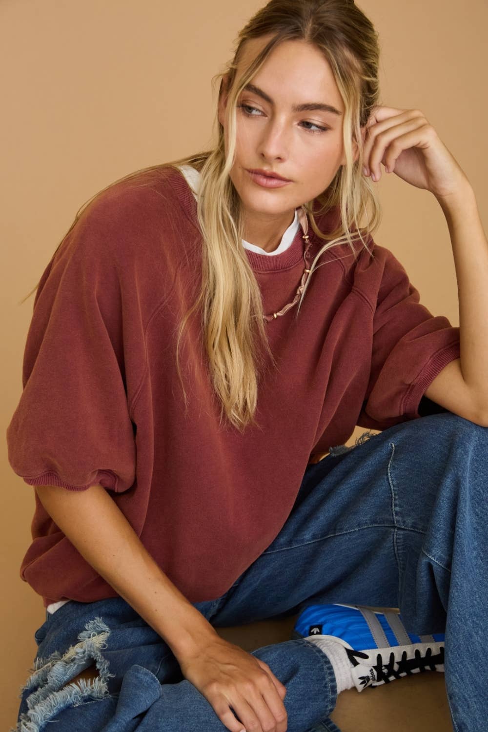 Washed Puff Sleeve Sweatshirt - Burgundy