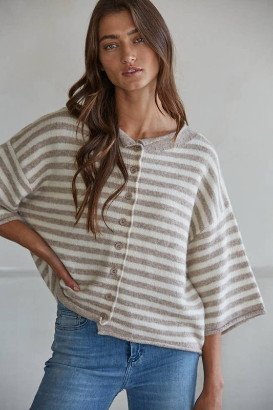 Knit Sweater Striped Quarter Sleeve Cardigan, Taupe and Cream