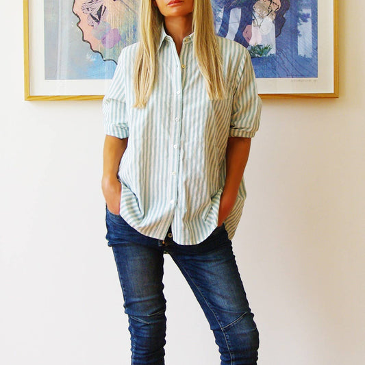 Riley Stripe Shirt, Green and White