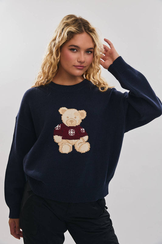 LONG SLEEVE CREW NECK "SWEATER TEDDY BEAR" GRAPHIC SWEATER: NAVY / L