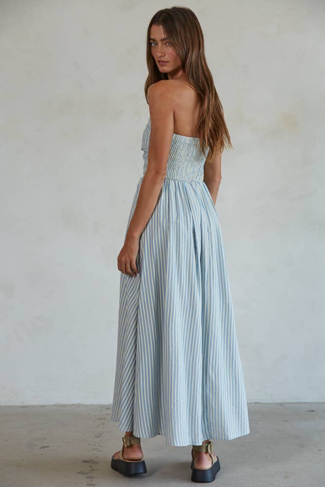 Striped Strapless Maxi Dress: Dusty Blue