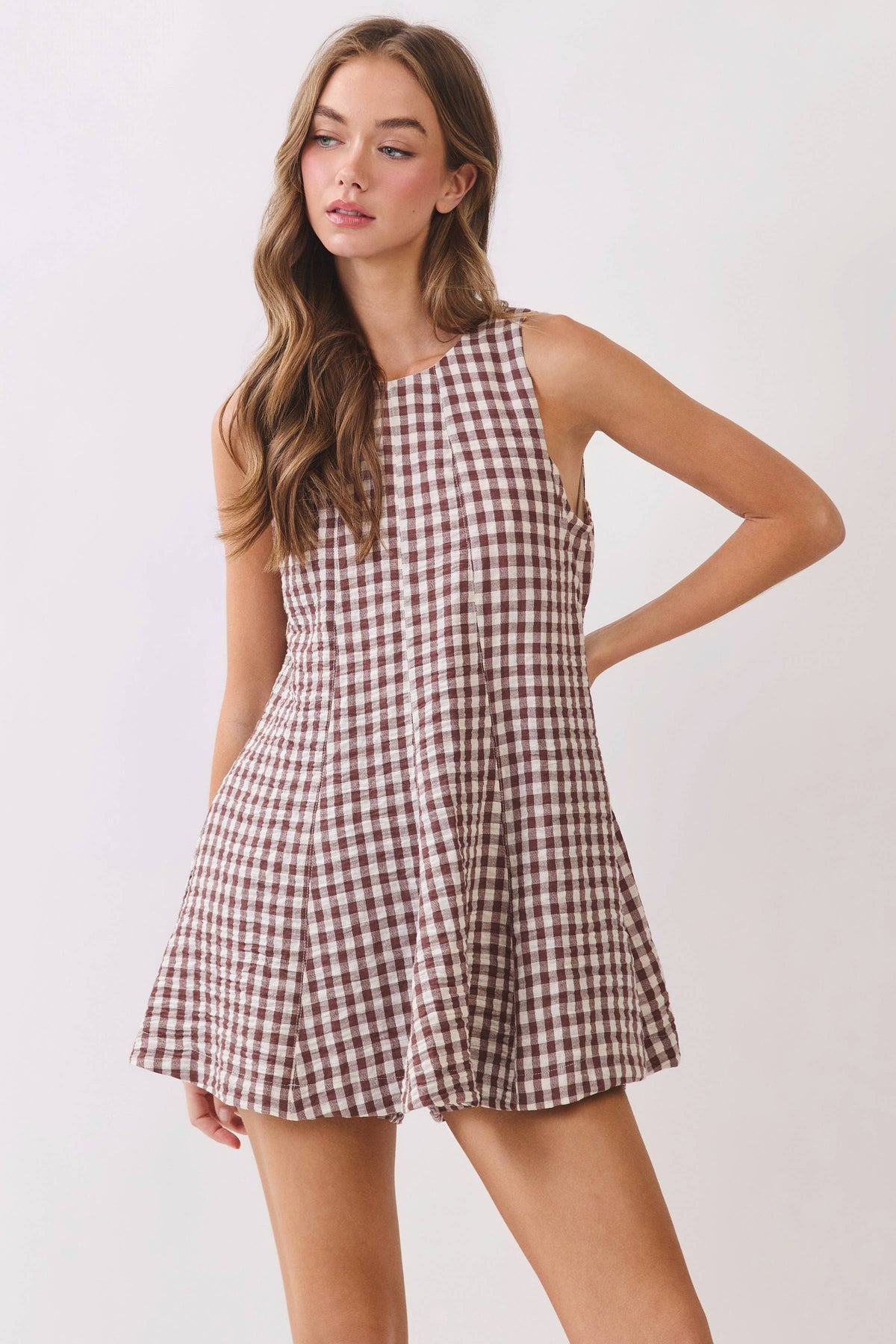 Gingham Sleeveless Romper - Brown