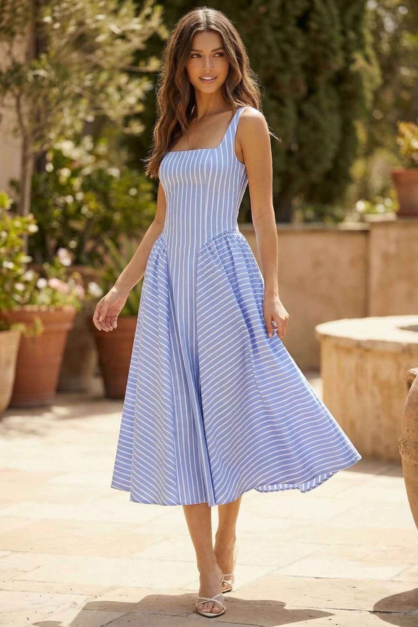 ID9896 STRIPED SLEEVELESS SIDE GATHERED FLARED MIDI DRESS: Blue / L