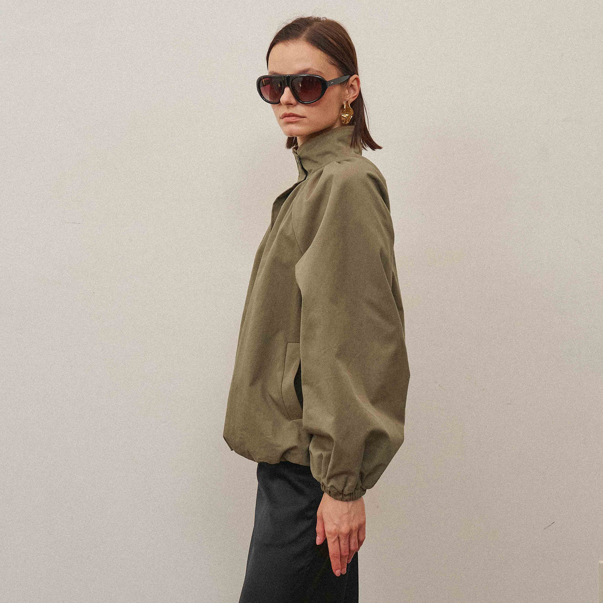 High Neck Gathered Jacket - Light Olive