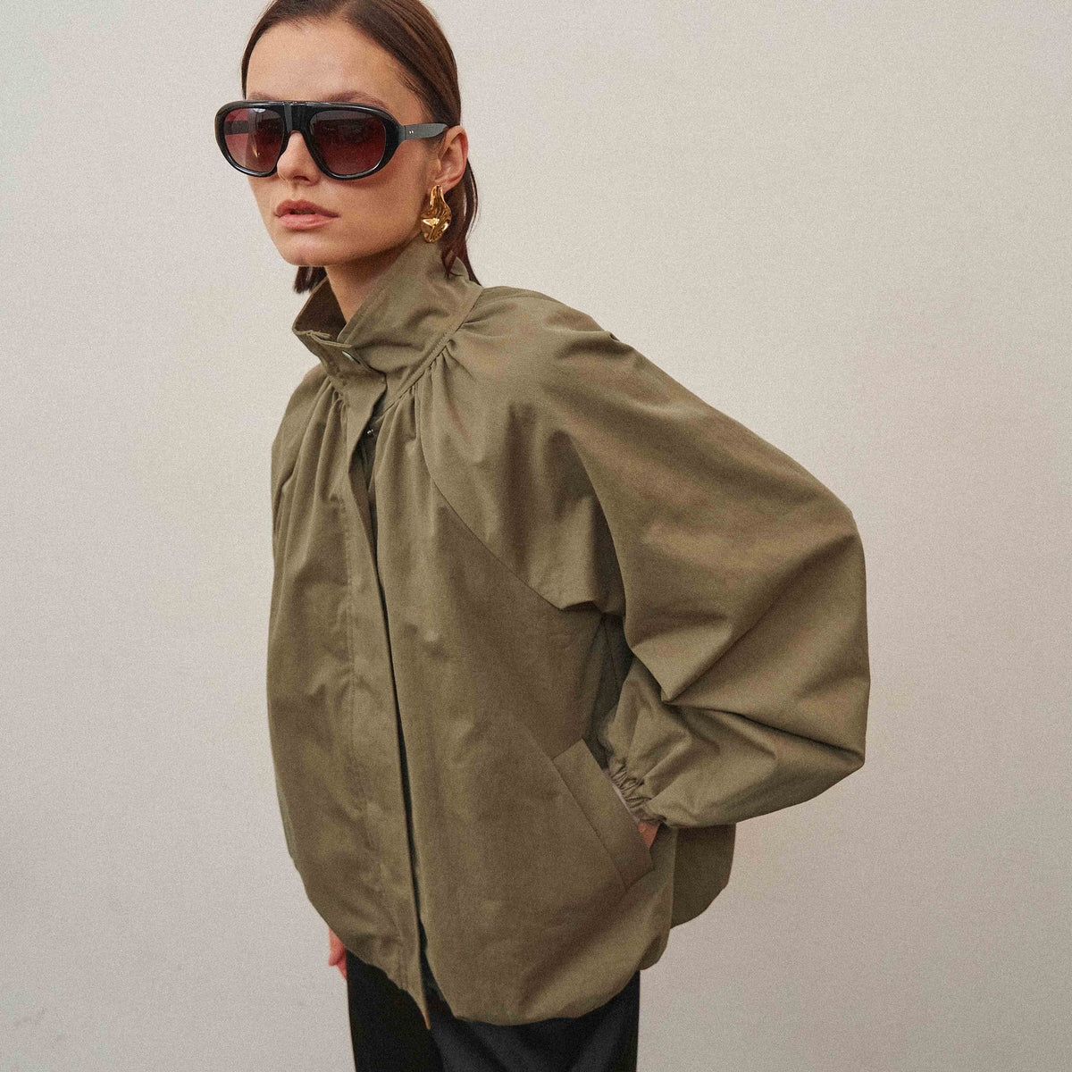 High Neck Gathered Jacket - Light Olive