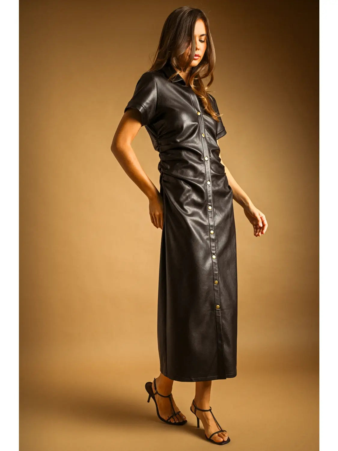 Leather Button-down Short Sleeve Dress - Black