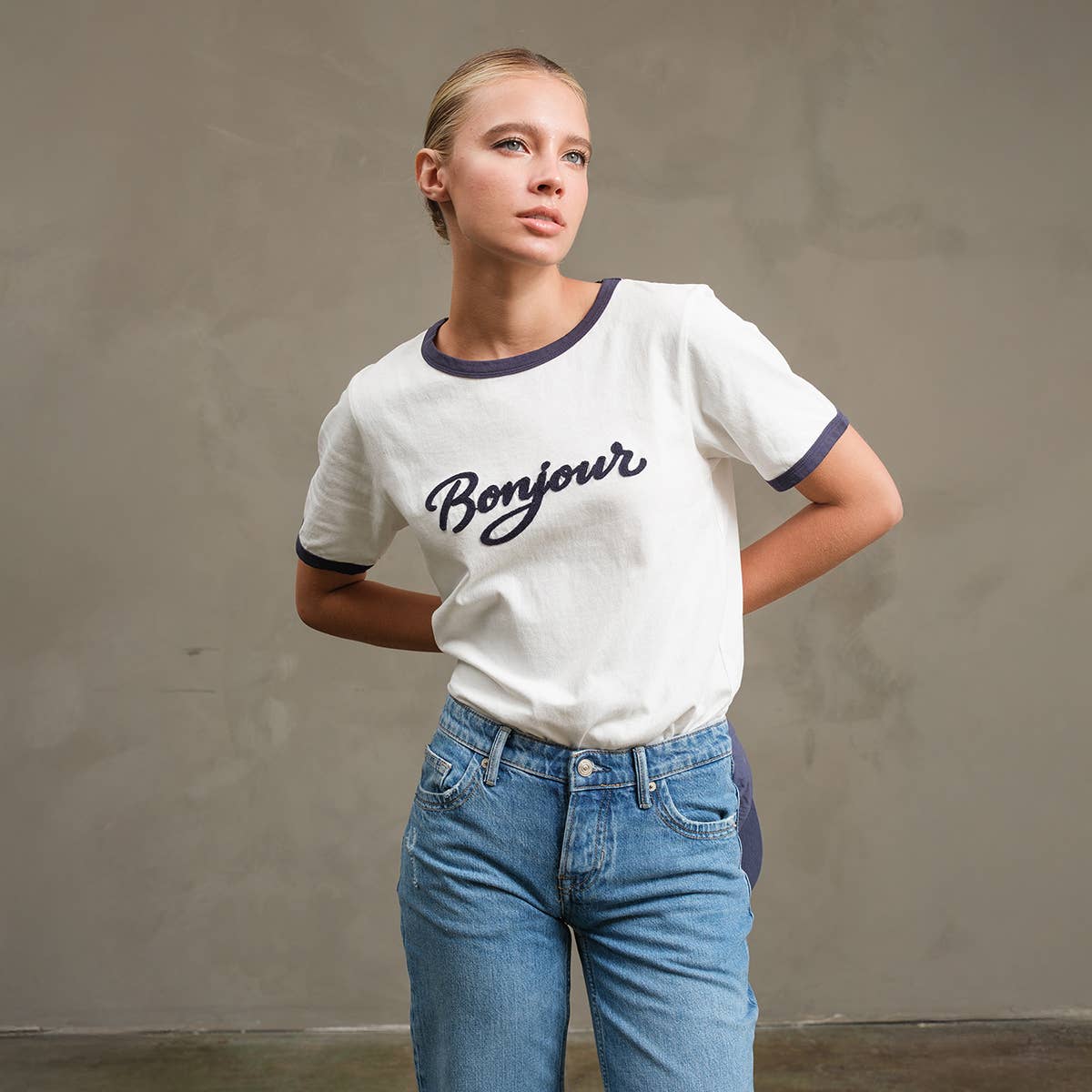 Bonjour Contrast Ringer Tee - RTK1036: WHITE/NAVY / S-M-L (3-2-1)