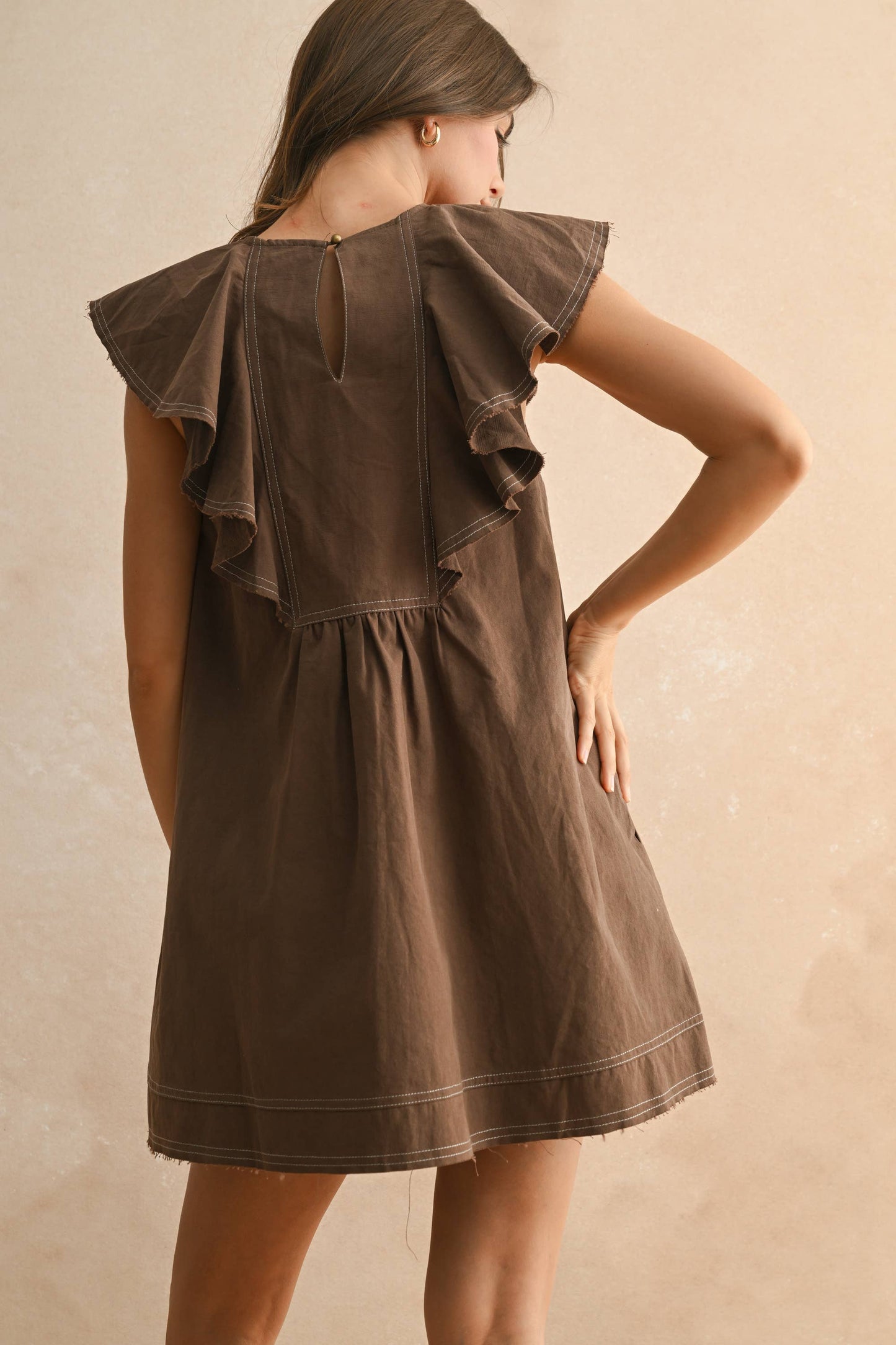 Ruffled Collar Woven Dress, Brown