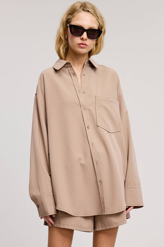 Pinstripe Short Set, Tan