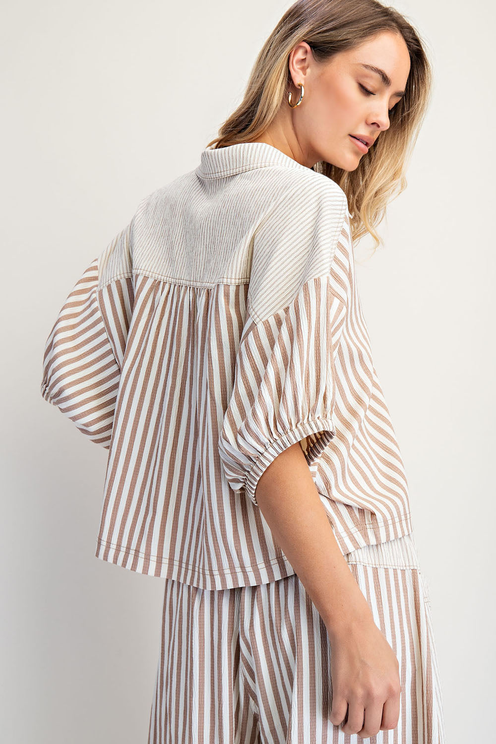 Boxy Striped Button Down Shirts, Mocha Mouse