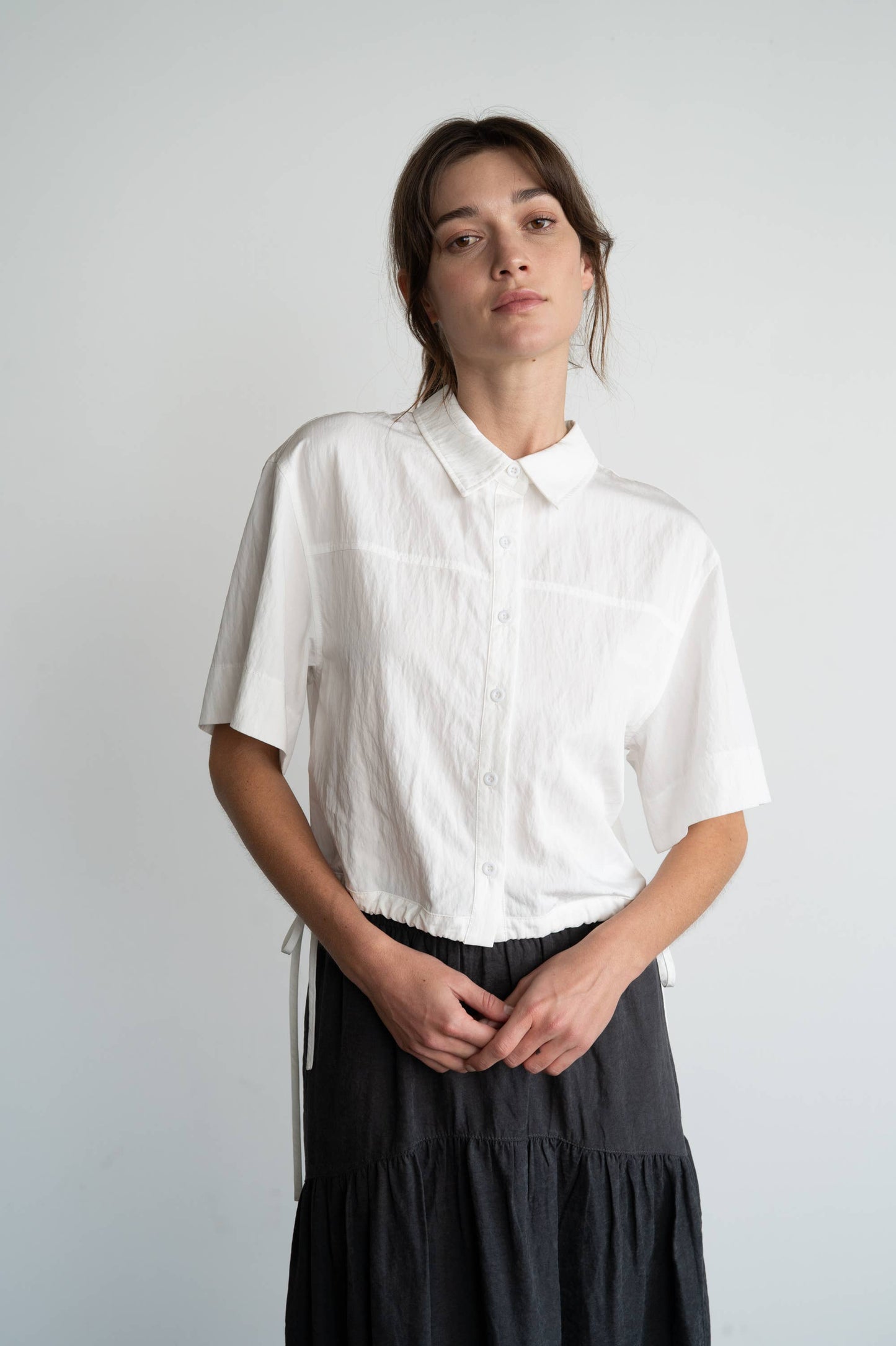 Button-Up Shirt With Tie Hem, White