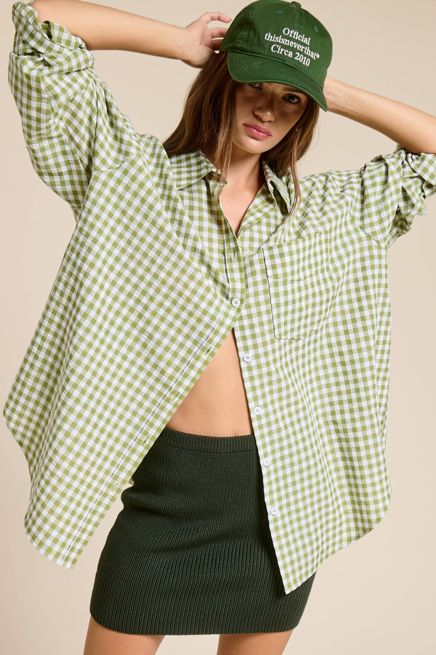 Oversized Gingham Button Down Shirt: Leaf green