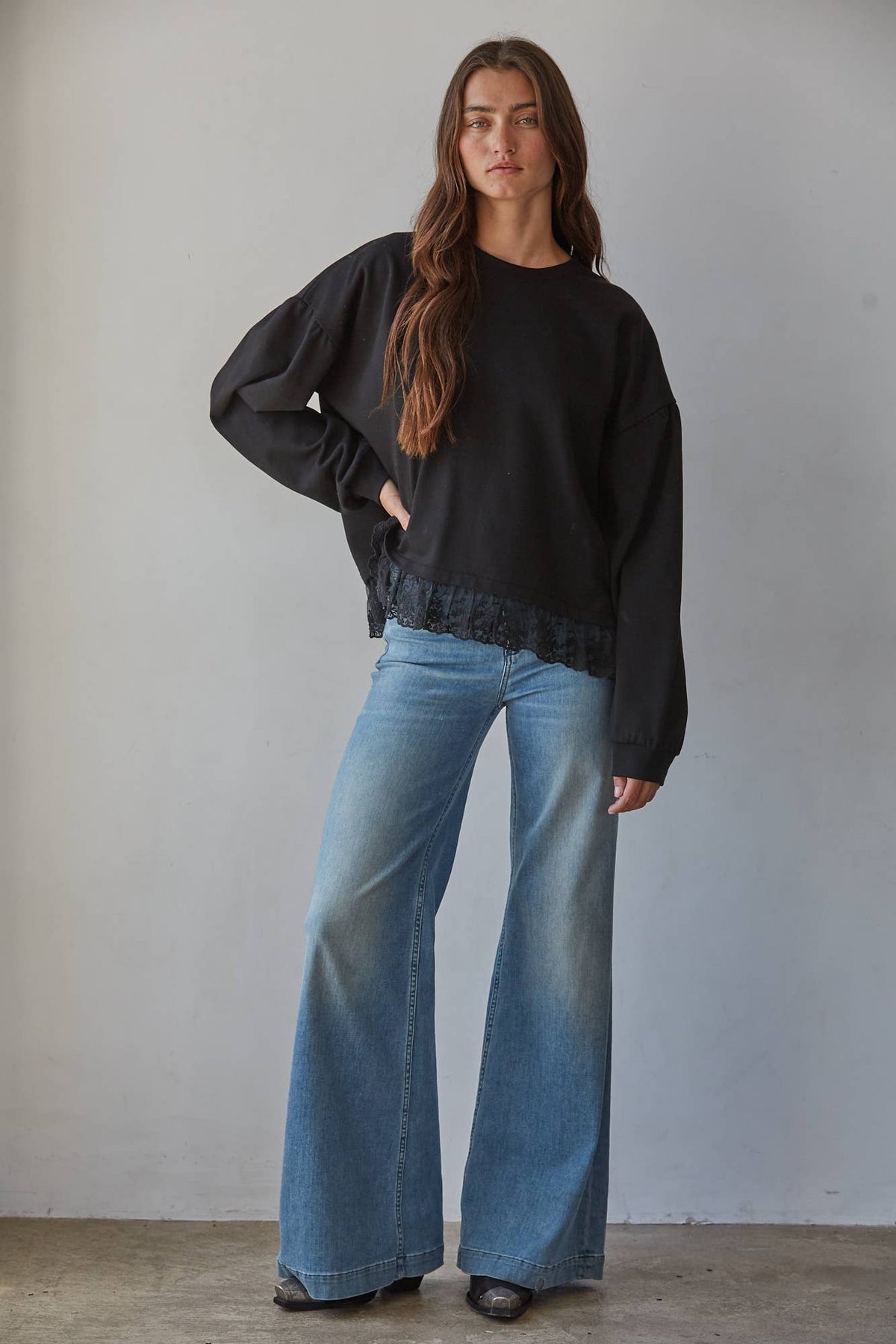 Crew Neck Long Sleeve Pullover with Lace Top - Black