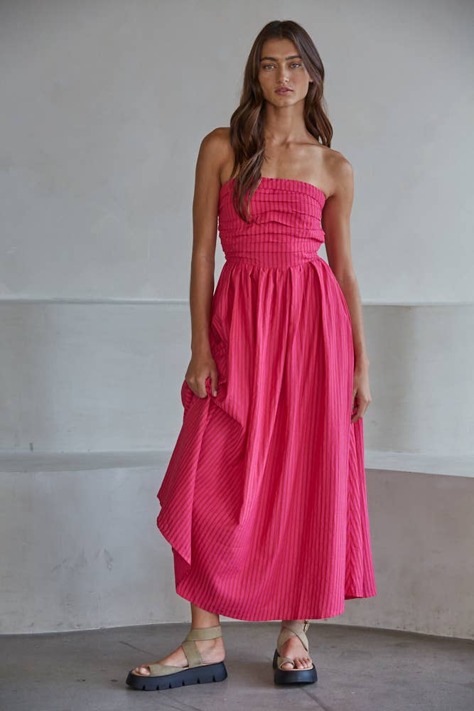Striped Tube Neck Strapless Flare Maxi Dress, Pink
