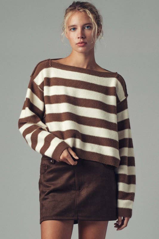 Striped Knit Crewneck Sweater, BROWN