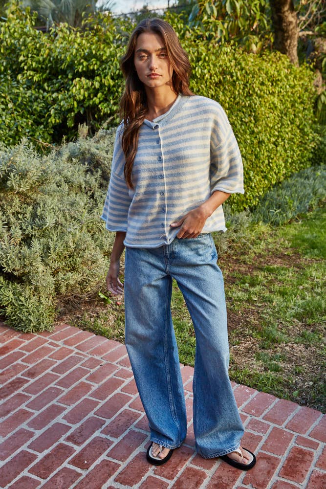 Knit Sweater Striped Quarter Sleeve Cardigan, Taupe and Cream