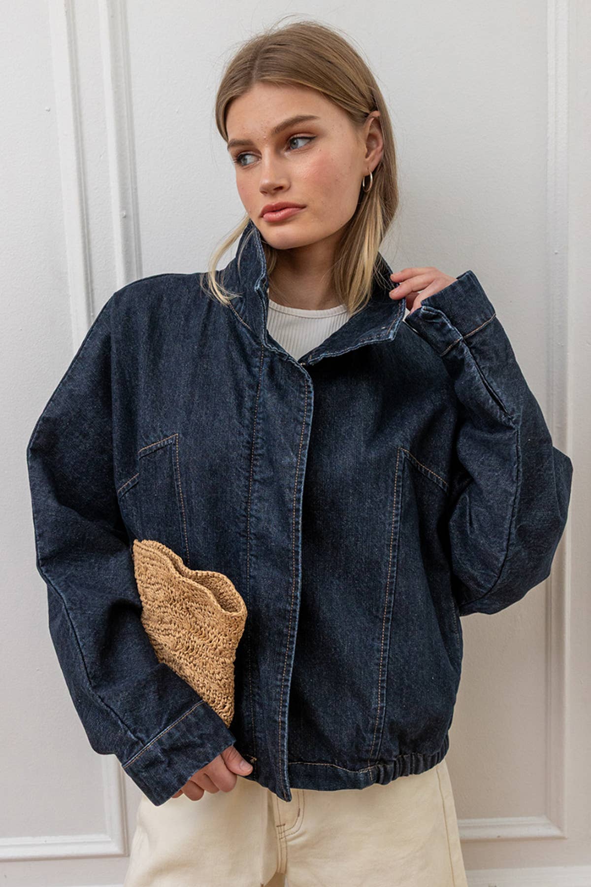 High Neck Denim Jacket - Dark Denim