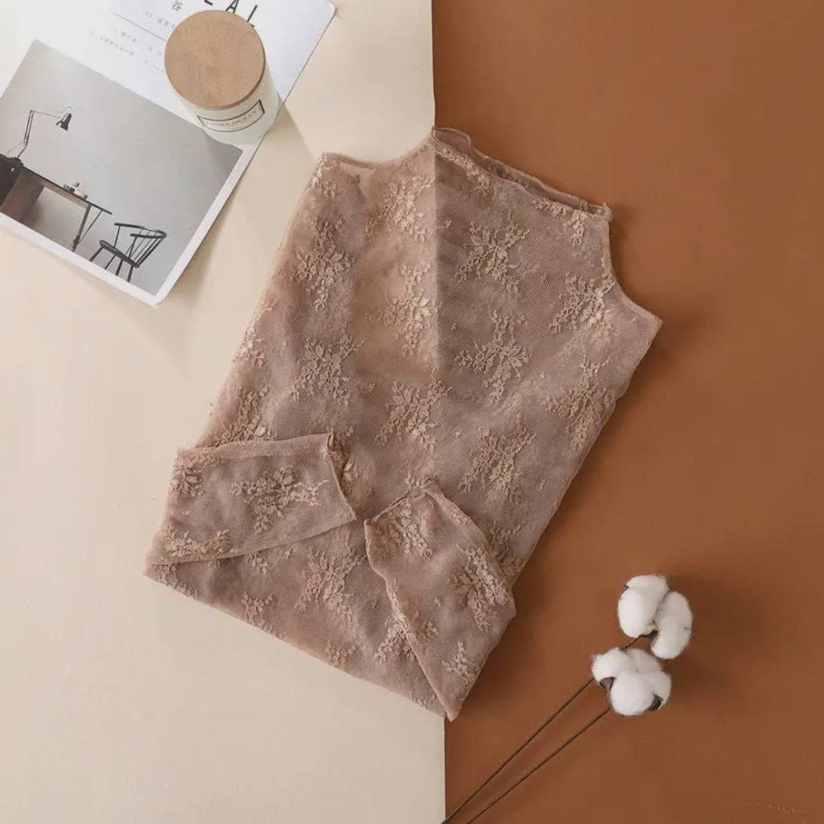 Lace Sheer Mesh Top- Khaki