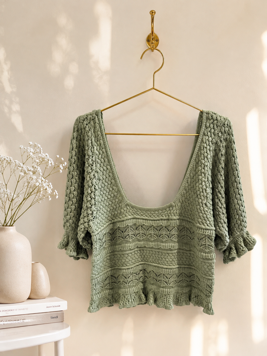 Puff Sleeve Crochet Top- Sage