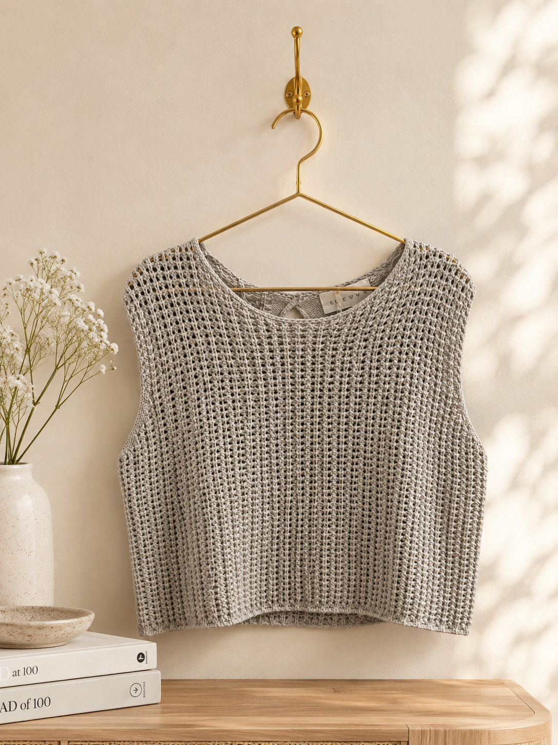 Sleeveless Crochet Knit Top With Crew Neckline